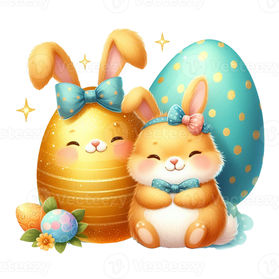AI generated Watercolor golden egg and cute bunny, hand drawn pastel Easter egg day. on transparency png file format