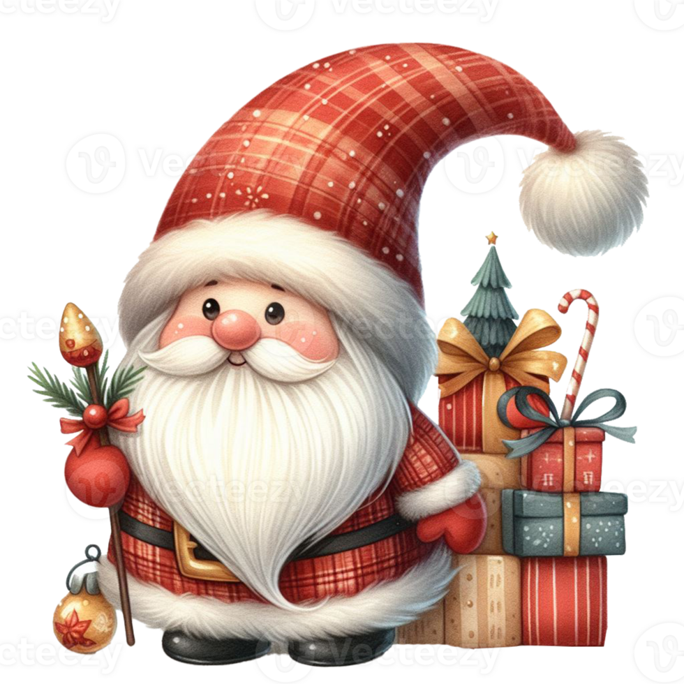 süß Gnom Santa claus Karikatur Hand zeichnen Karikatur Stil und Weihnachten Baum, Santa halten Geschenk Box mit Süßigkeiten Stock Aquarell Clip Art auf png Transparenz