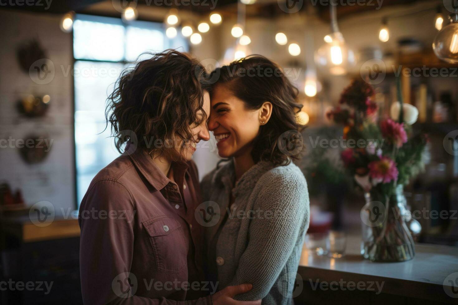 AI generated LGBT Lesbian couple love moments happiness.Lgbt relationship concept photo