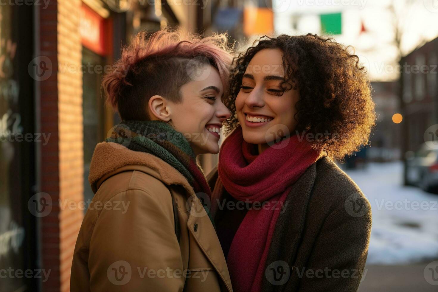 AI generated LGBT Lesbian couple love moments happiness.Lgbt relationship concept photo