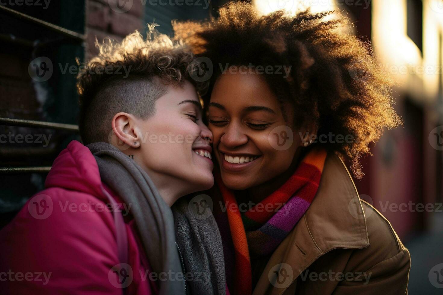 AI generated LGBT Lesbian couple love moments happiness.Lgbt relationship concept photo