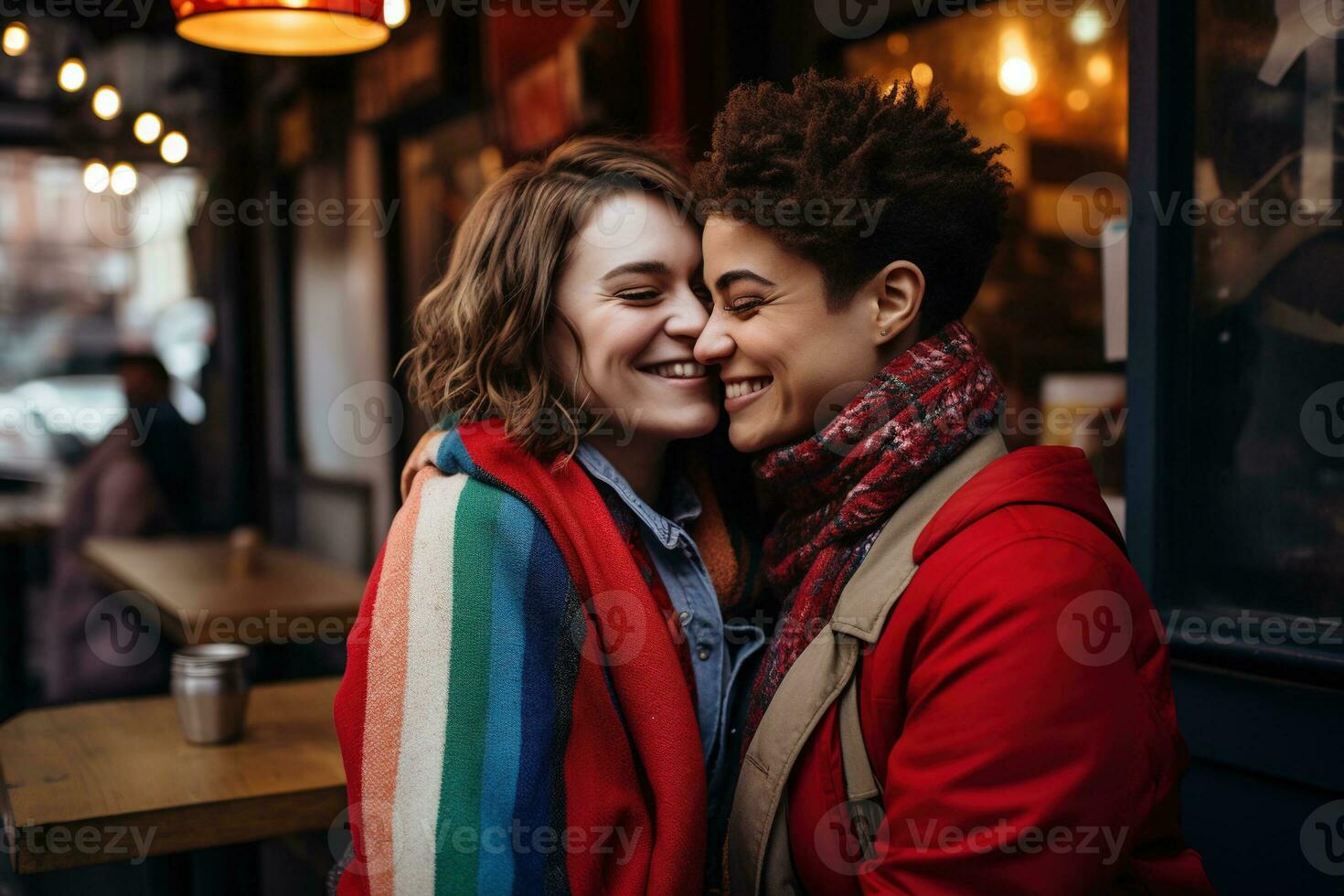 AI generated LGBT Lesbian couple love moments happiness.Lgbt relationship concept photo