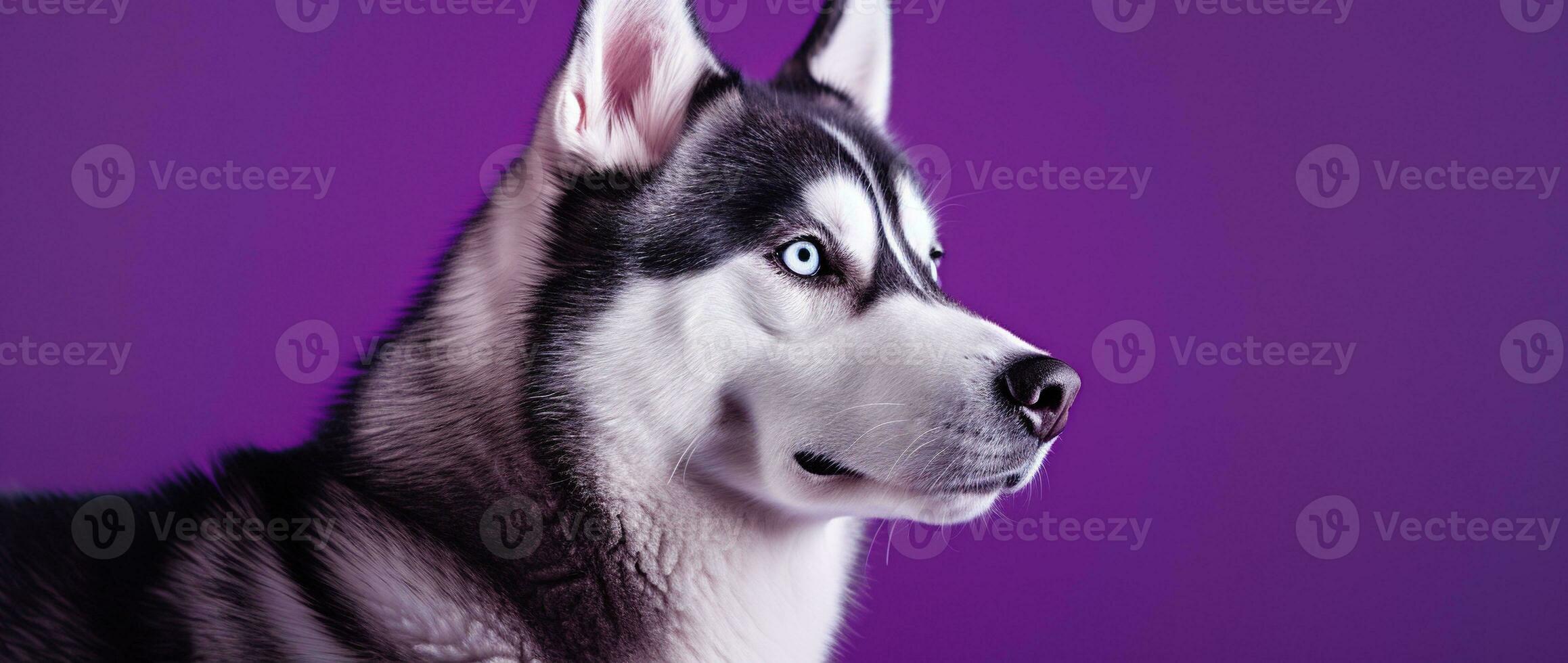 AI generated A close-up portrait of a husky dog with blue eyes and a purple background photo