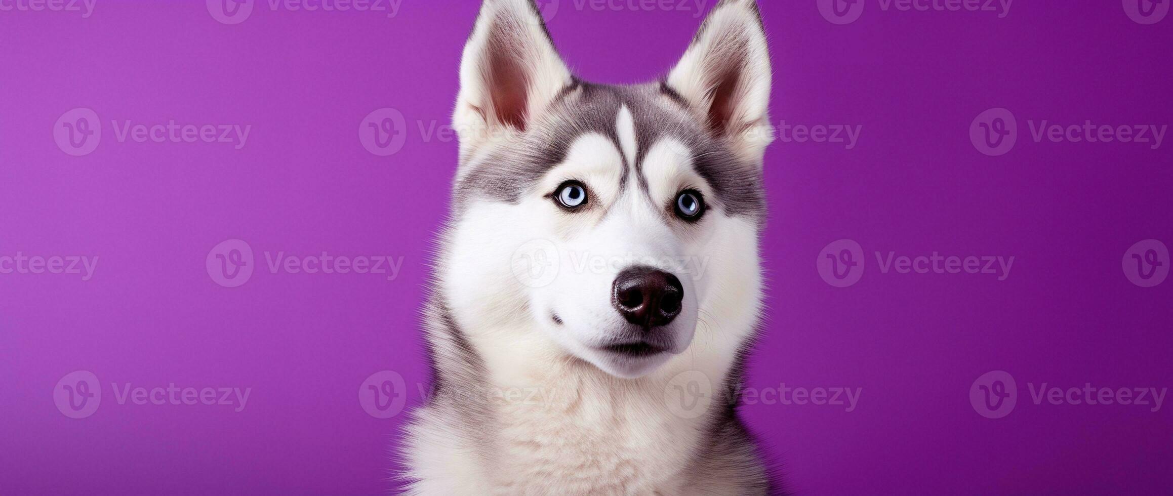 ai generado un de cerca retrato de un fornido perro con azul ojos y un púrpura antecedentes foto