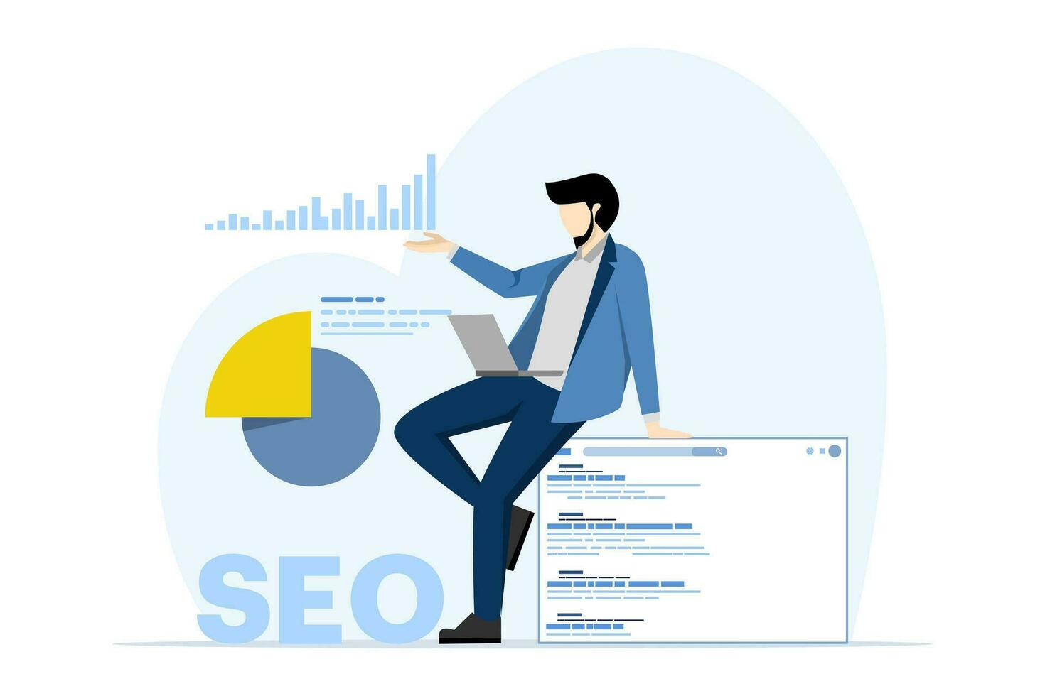 SEO analysis concept. top ranking. The SEO optimization graph is rising and the big arrow is pointing upwards. performance marketing, analytics and search engine rankings. Vector illustration.