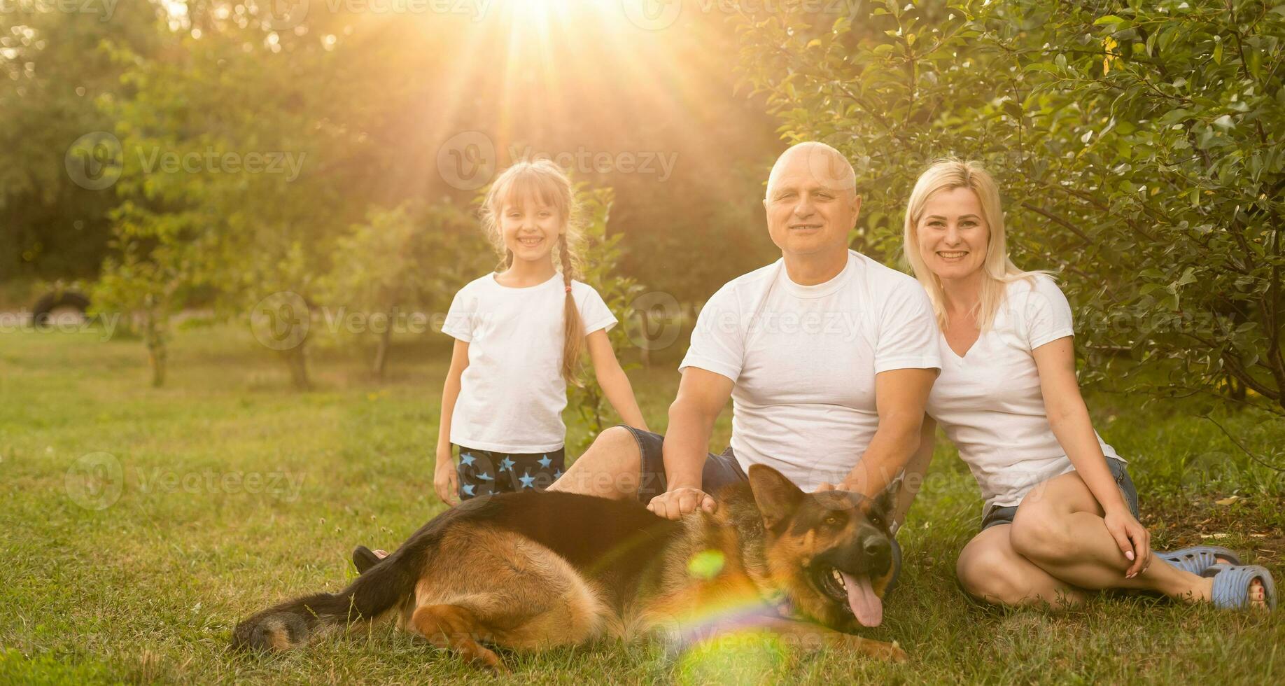 Portrait of an extended family with their pet dog sitting at the park photo