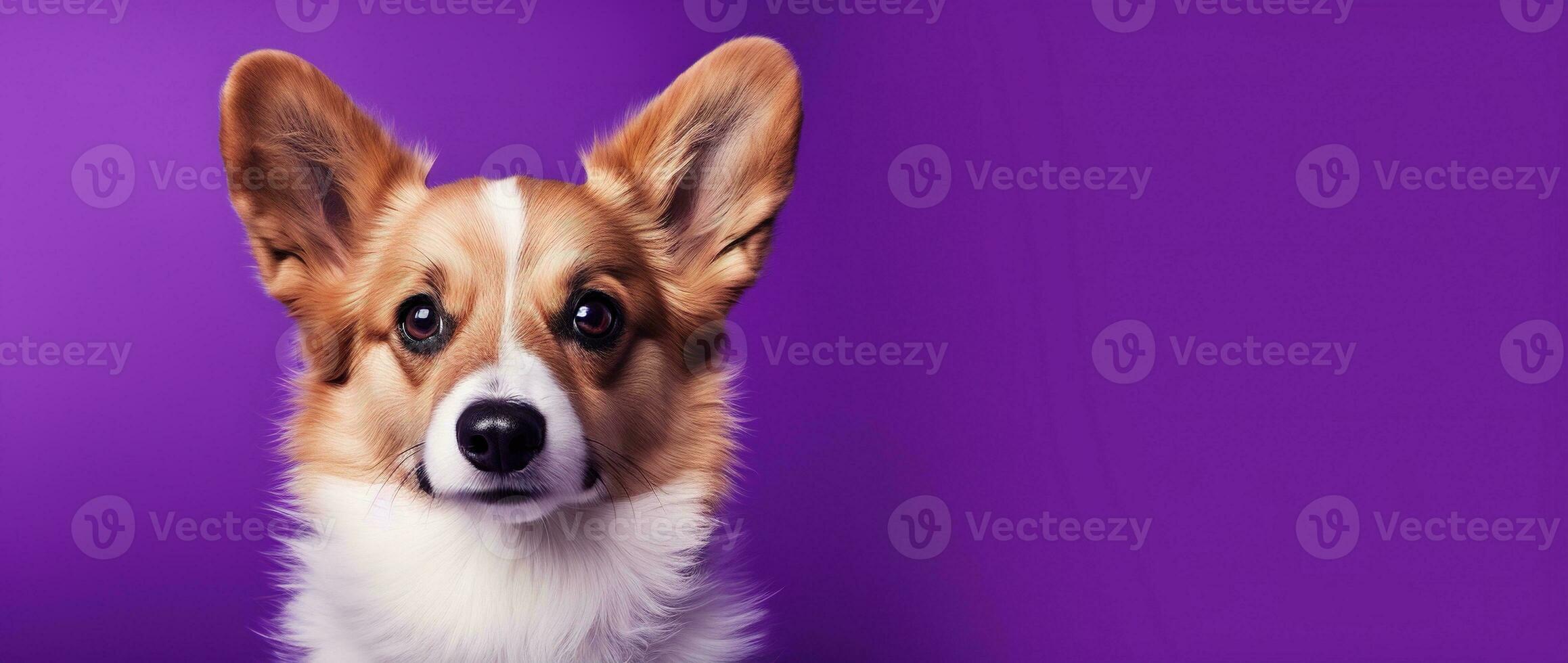 ai generado linda galés corgi perro en un púrpura antecedentes foto