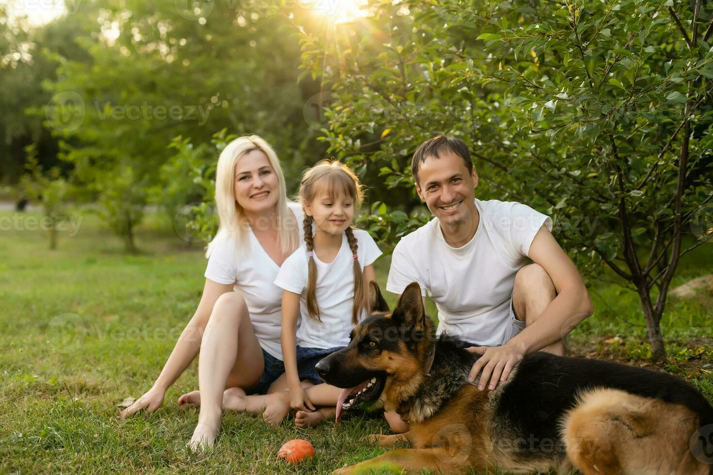 Portrait of an extended family with their pet dog sitting at the park photo