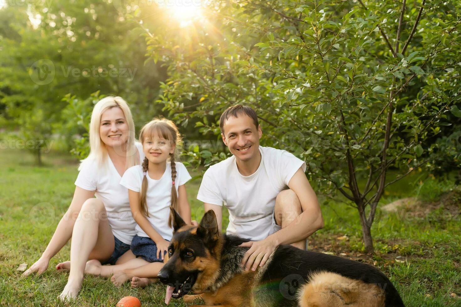 Portrait of an extended family with their pet dog sitting at the park photo