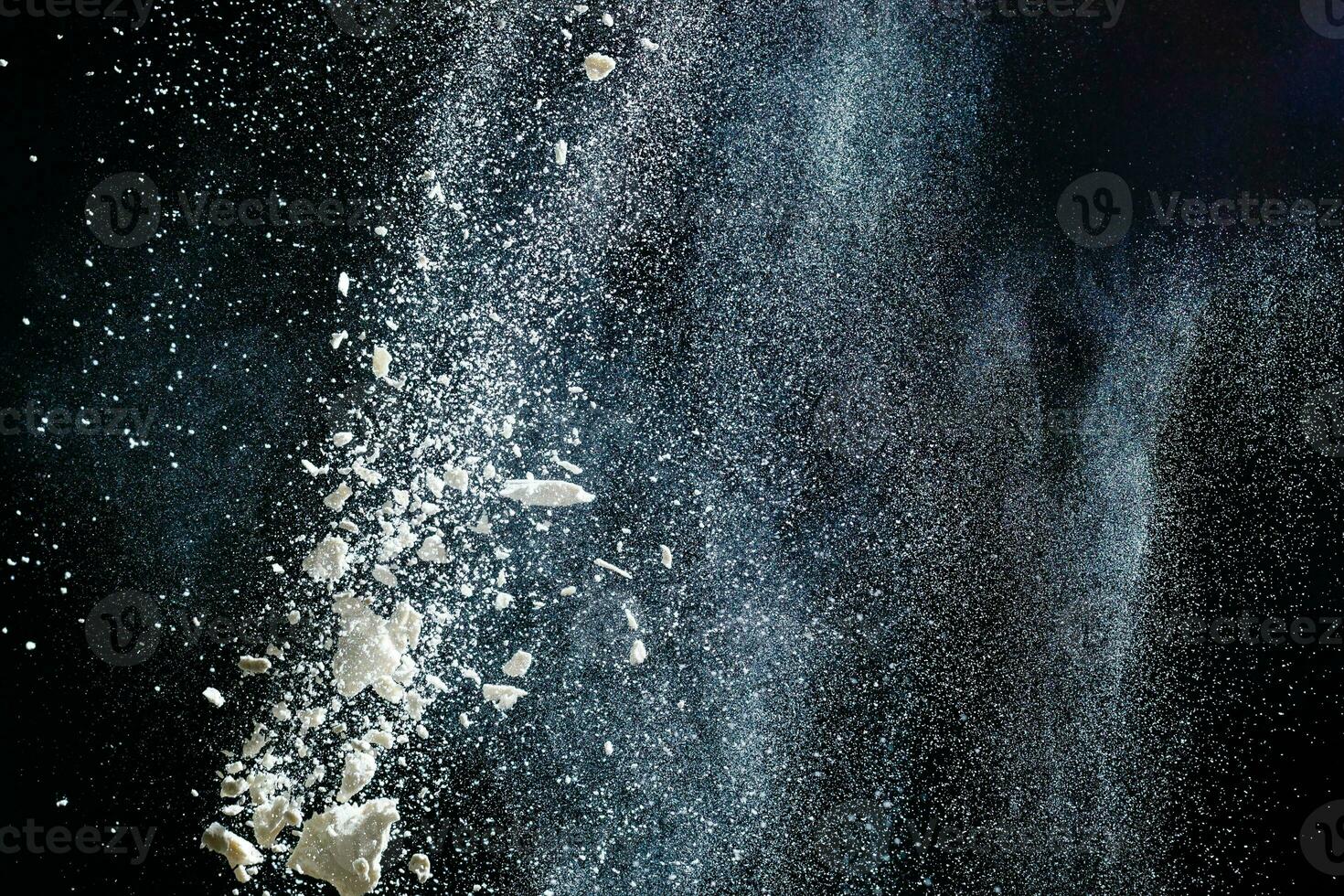 Abstract design of white powder cloud isolated on black, dark background. Abstract design of white dust cloud. Particles cloud screen saver, wallpaper. photo