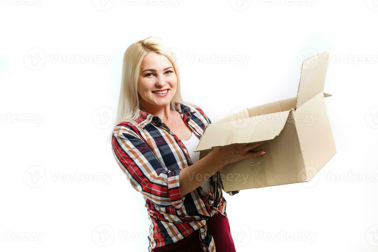 picture of attractive businesswoman delivering cardboard box photo