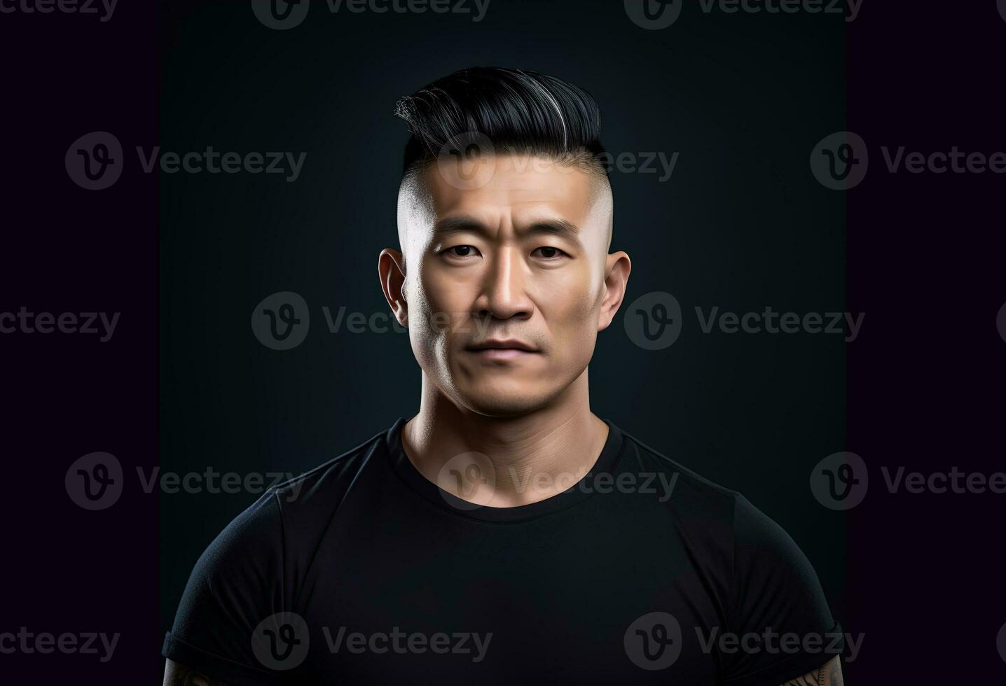 AI generated Portrait of an Asian man with a fashionable hairstyle on a dark background. Commercial photography photo