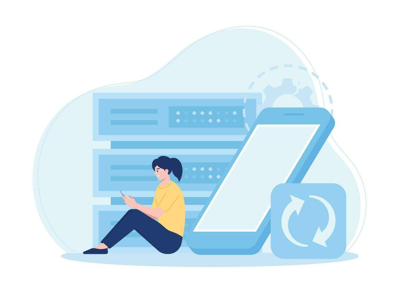 woman backup big data with phone concept flat illustratiuon vector