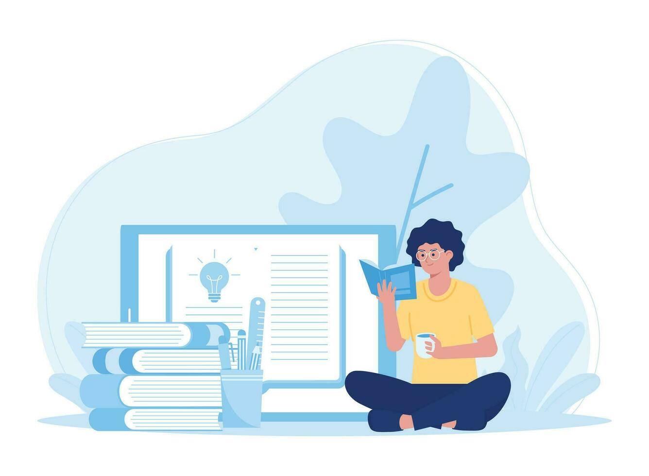 woman reading book online concept flat illustratiuon vector