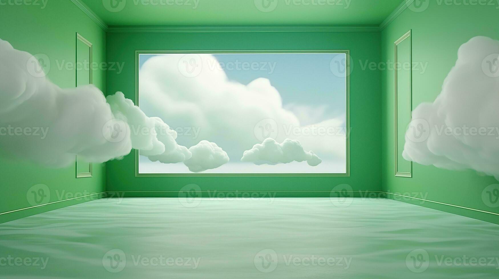 AI generated Generative AI, Green fantastic 3d clouds in the room interior, sky and landscape. Gentle colors and with bright lights.. photo