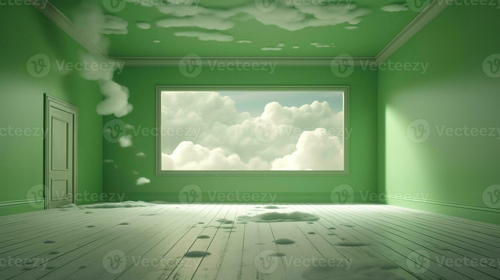 AI generated Generative AI, Green fantastic 3d clouds in the room interior, sky and landscape. Gentle colors and with bright lights.. photo