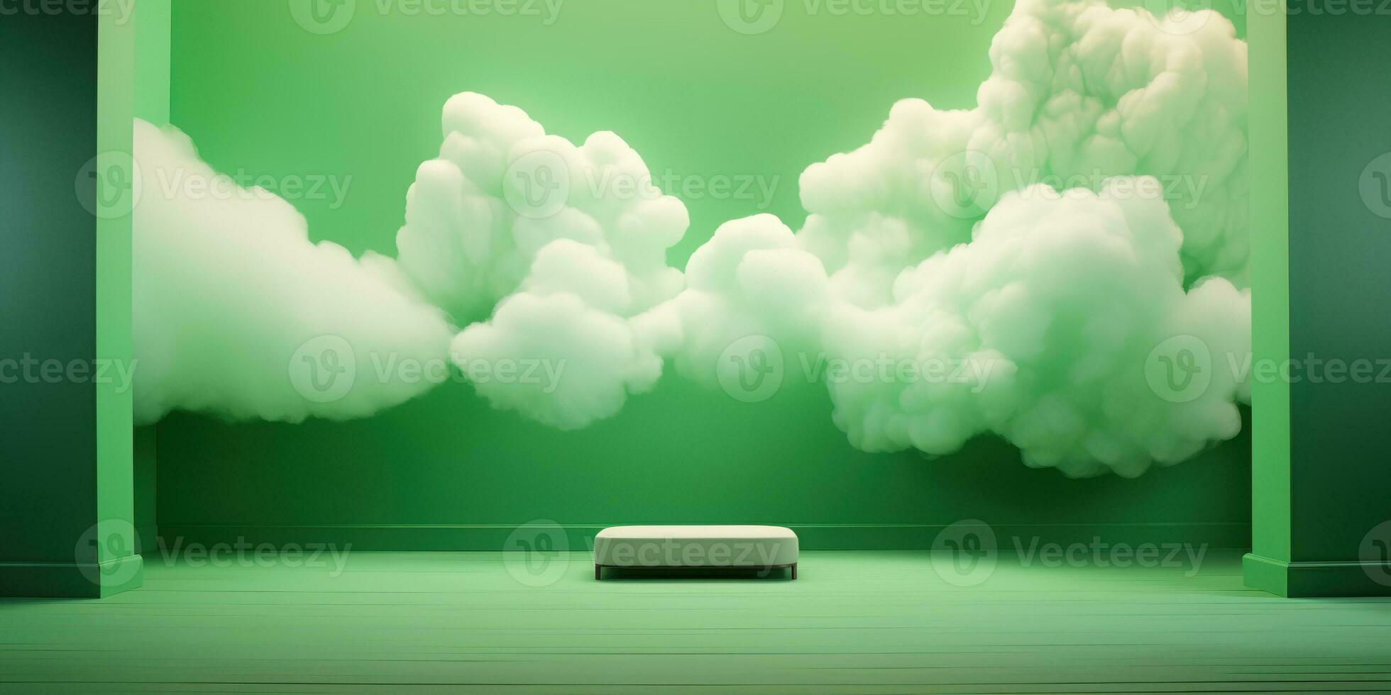 AI generated Generative AI, Green fantastic 3d clouds in the room interior, sky and landscape. Gentle colors and with bright lights. photo