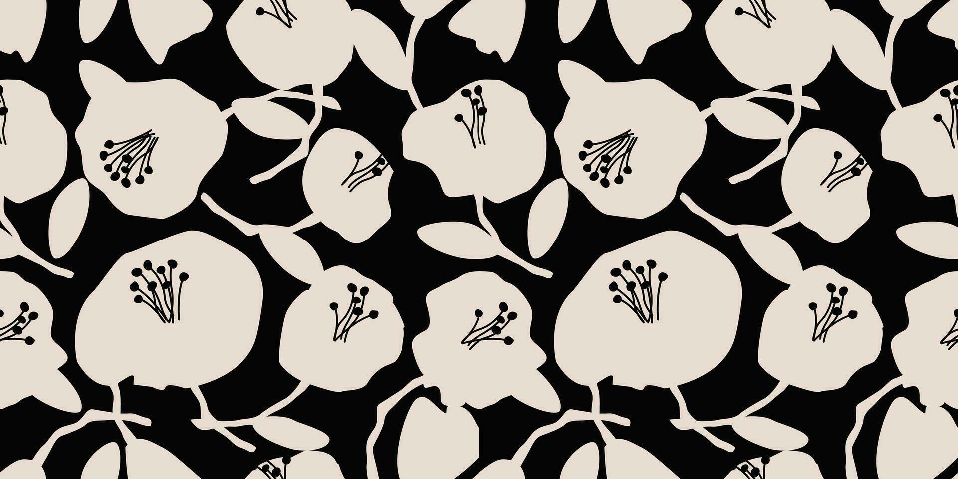 Flower seamless background. Minimalistic abstract floral pattern. Modern print in black and white background. Ideal for textile design, wallpaper, covers, cards, invitations and posters. vector