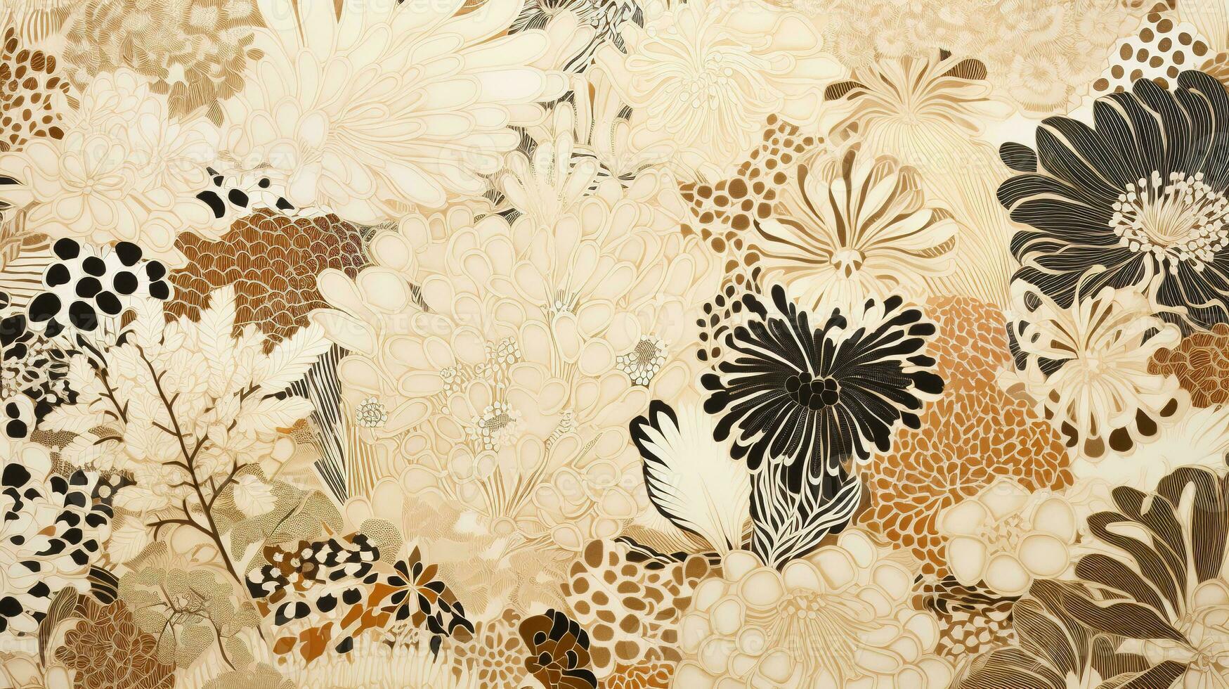 AI generated Generative AI, vintage grunge beige and brown collage background. Different textures and shapes with flowers. photo