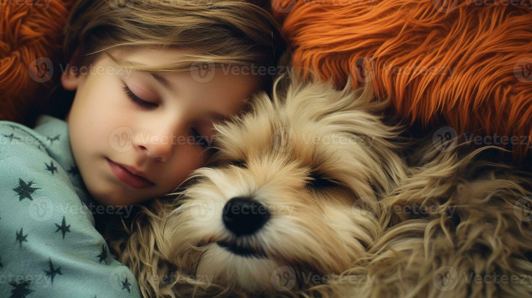 AI generated Generative AI, cute child and dog sleeping on cozy warm blanket in the bed, friendship concept, hygge style, muted aesthetic colors photo