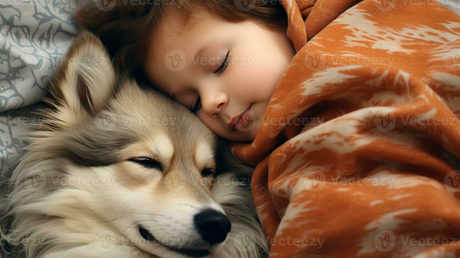 AI generated Generative AI, cute child and dog sleeping on cozy warm blanket in the bed, friendship concept, hygge style, muted aesthetic colors photo
