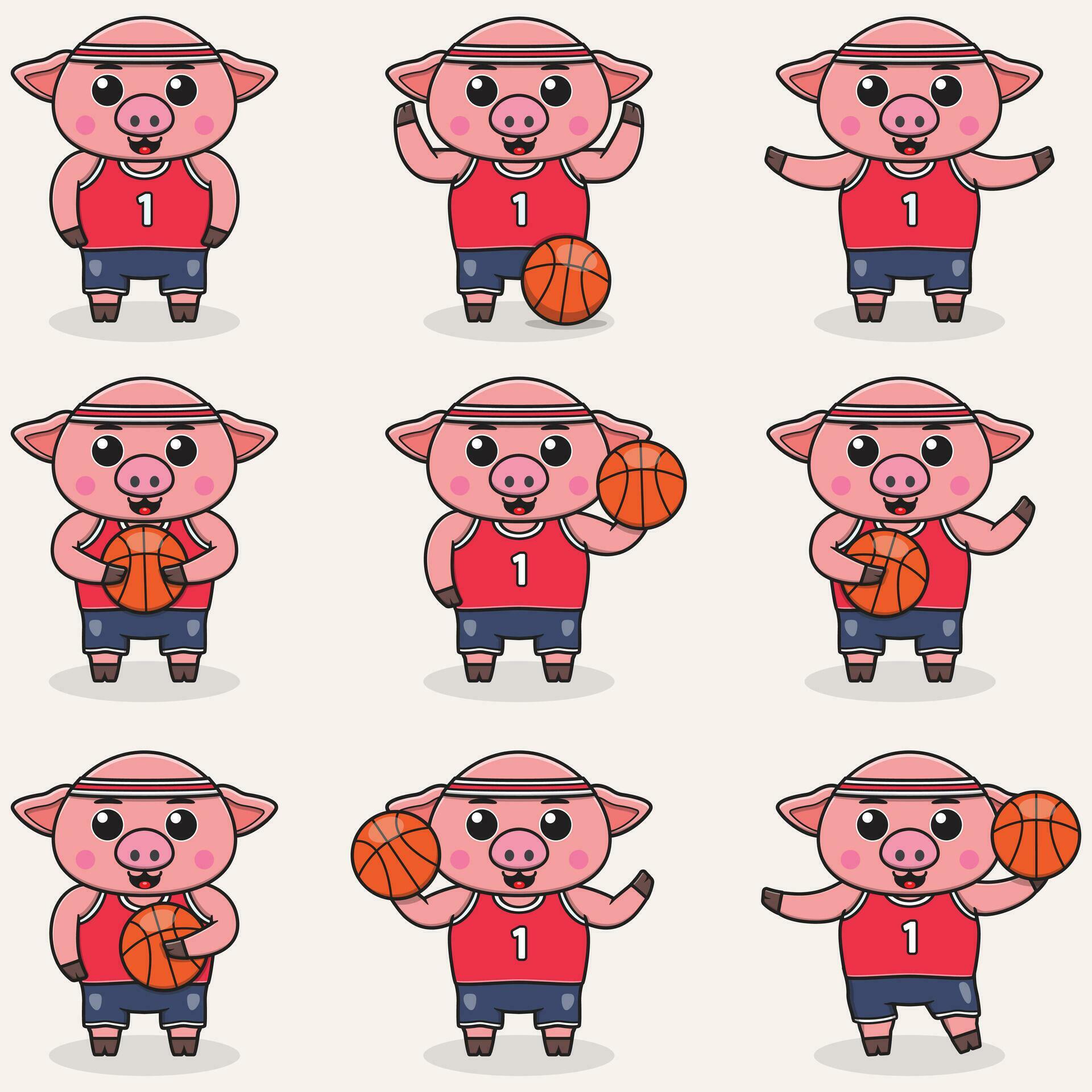 Funny Pig Basketball cartoon set. Pig Basketball set. Cute cartoon