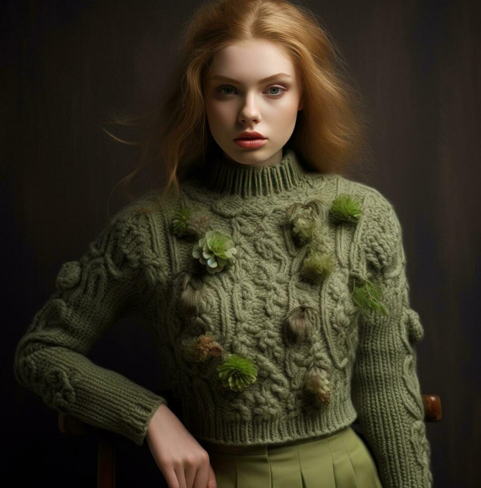 AI generated the sweater looks like a green sweater with flowers on it, photo