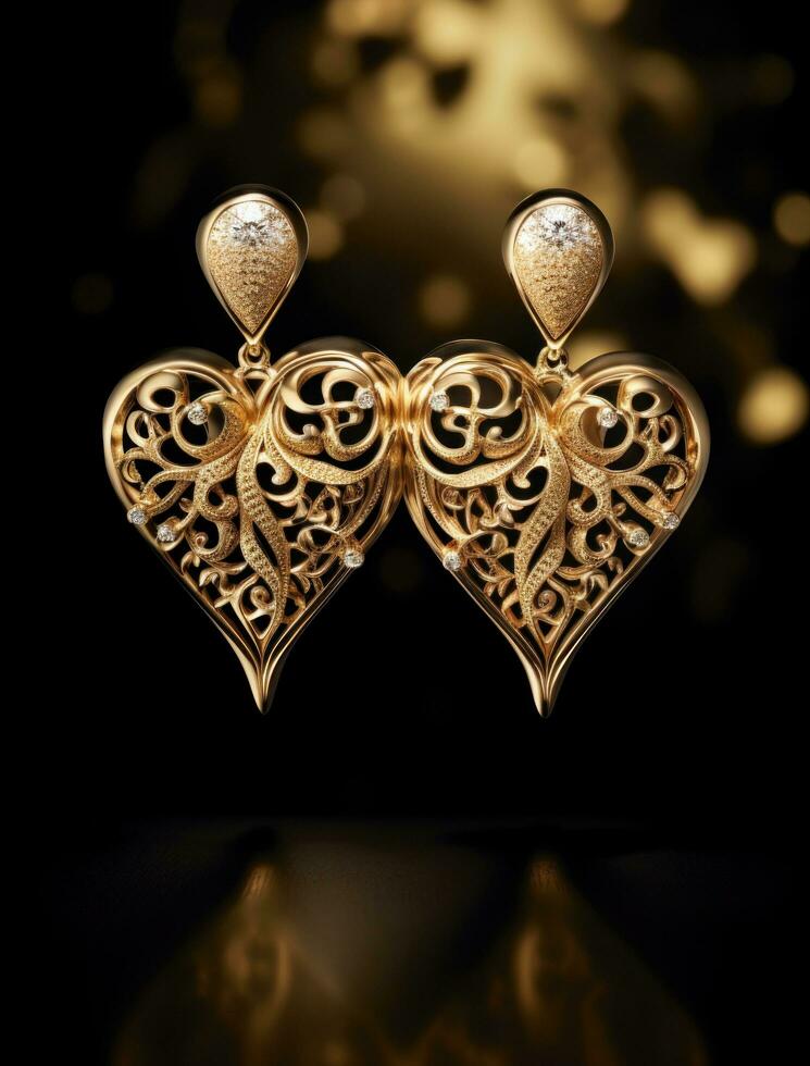 AI generated two gold earrings with intricate hearts design surrounded by lights, photo