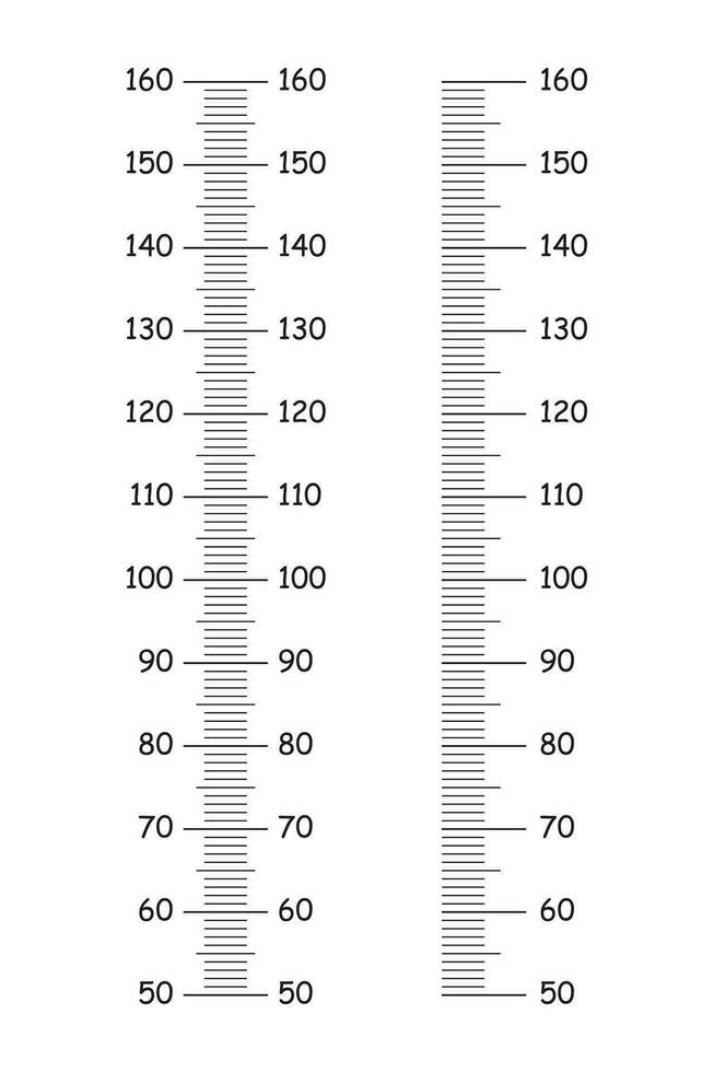 Kids height charts from 50 to 160 centimeters. Template for wall altimeter isolated on a white background. Meter wall or growth ruler. Set of stadiometer scales. Vector illustration. Eps.