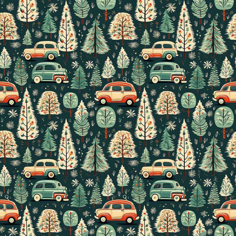 AI generated a christmas pattern with cars and trees, seamless pattern background photo