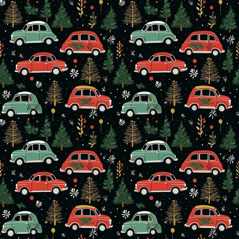 AI generated a christmas pattern with cars and trees, seamless pattern background photo