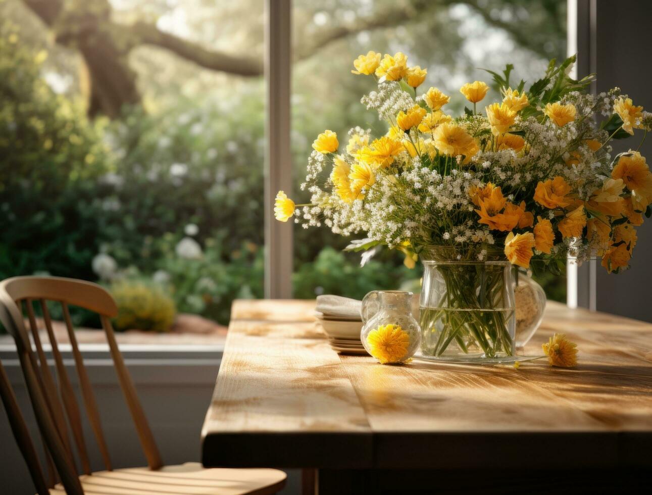 AI generated the kitchen table with flowers in front of it is in the garden, photo