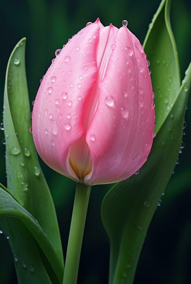 AI generated water droplets on pink tulip, photorealistic renderings, uhd image, photo