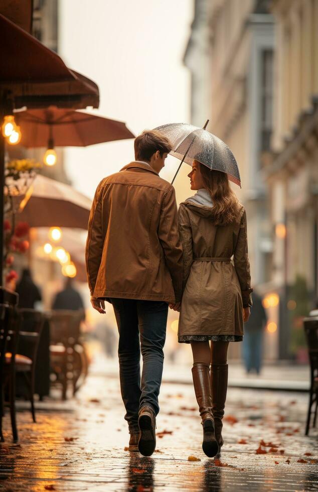 AI generated two people walking down a street with umbrellas, photo