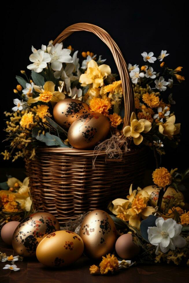 AI generated the basket is filled with eggs and flowers, photo