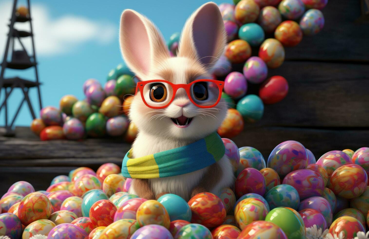 AI generated the little bunny is sitting among many coloured eggs, photo