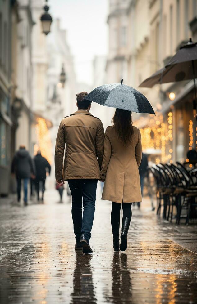AI generated two people walking down a street with umbrellas, photo
