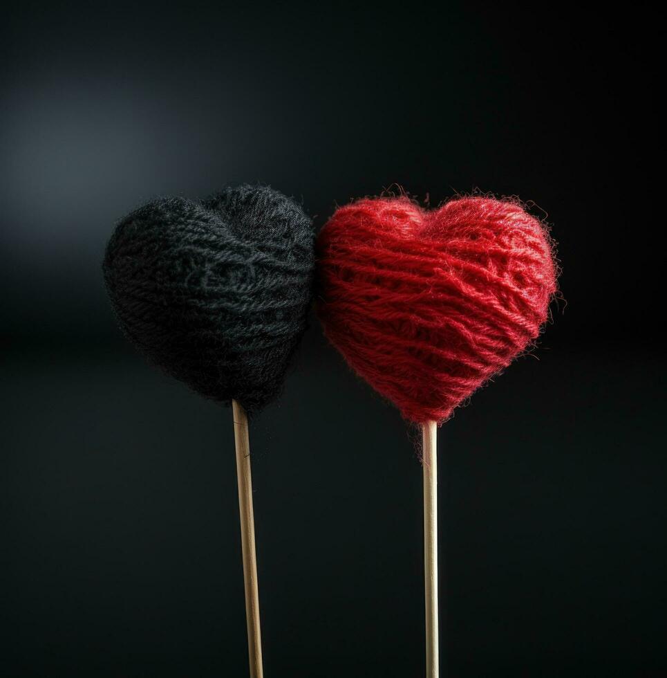 AI generated two crochet hearts on a toothpick, photo