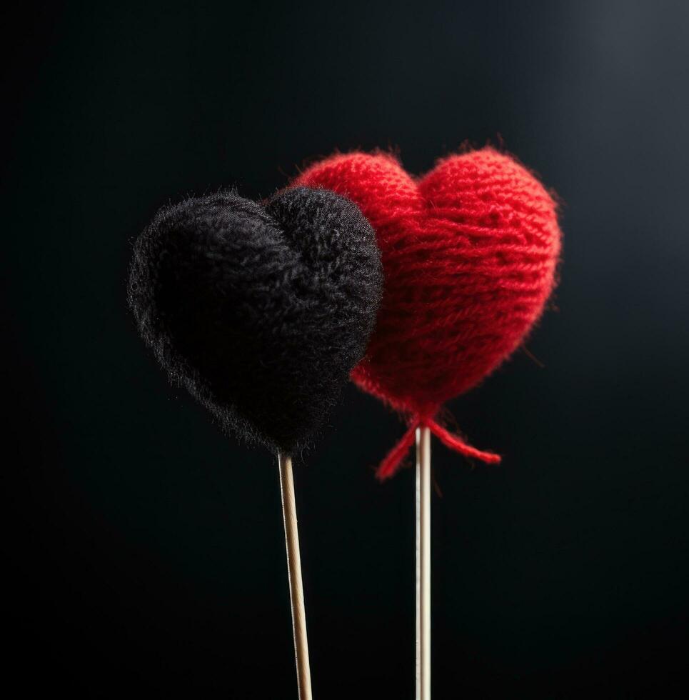 AI generated two crochet hearts on a toothpick, photo