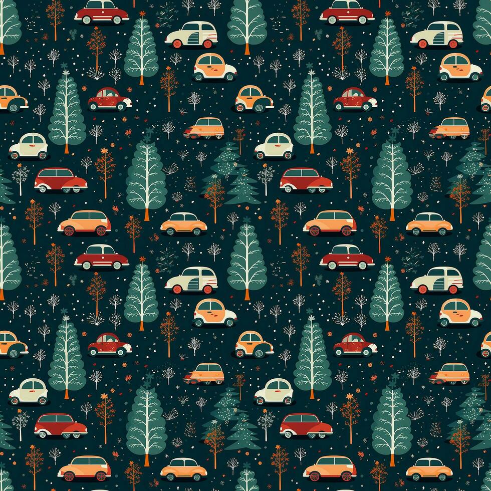 AI generated a christmas pattern with cars and trees, seamless pattern background photo