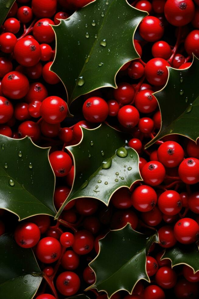 AI generated red background with holly leaves and berries photo