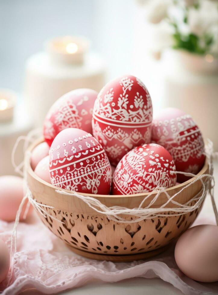 AI generated red dyed easter eggs in basket with greenery, photo