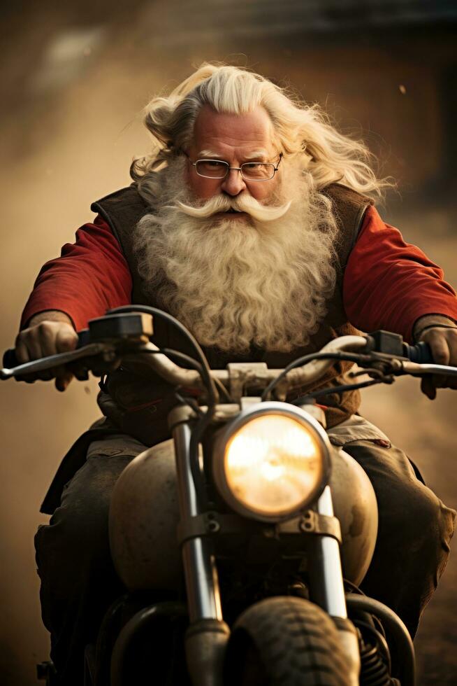 ai generado Papa Noel en moto con grande malo. foto