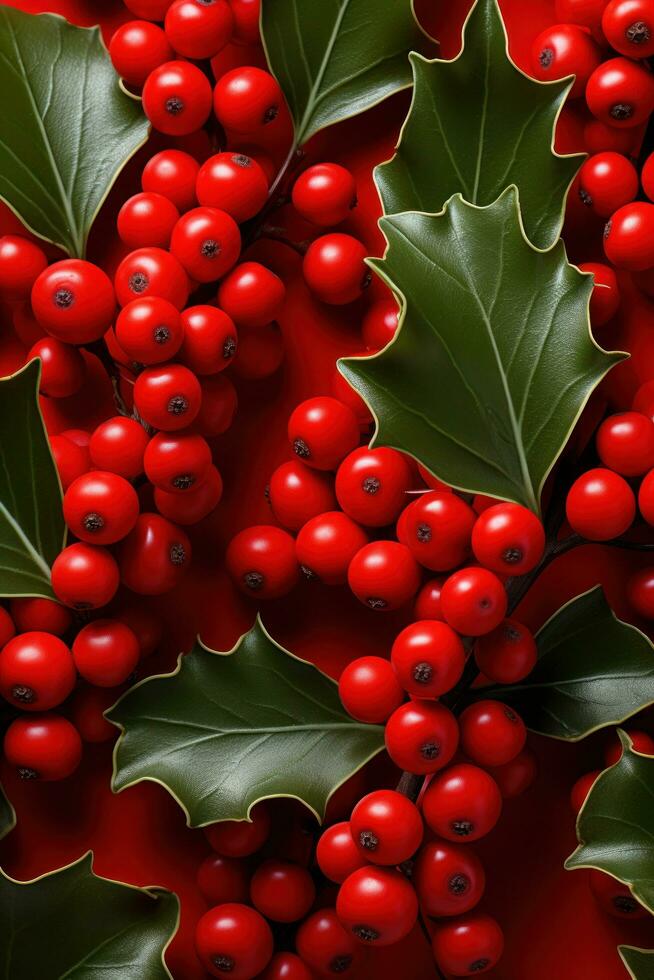 AI generated red background with holly leaves and berries photo