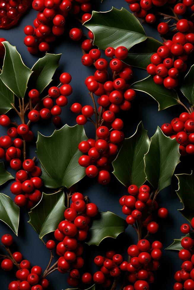 AI generated red background with holly leaves and berries photo