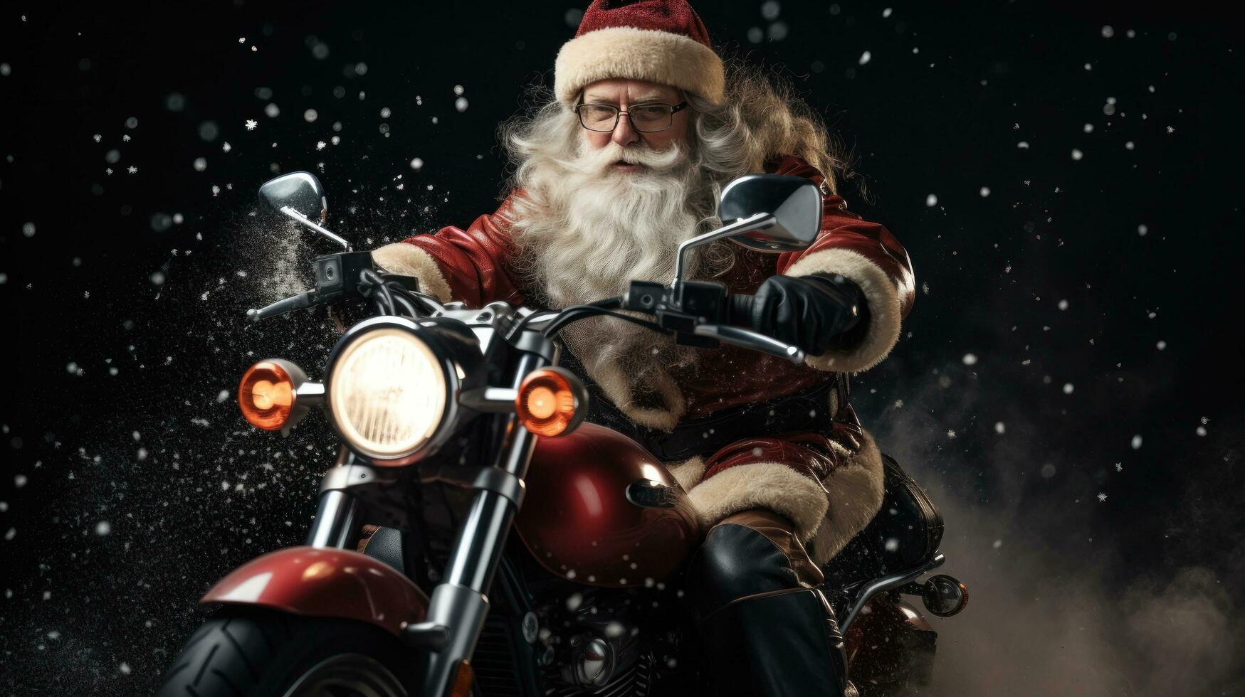 ai generado Papa Noel en moto con grande malo. foto