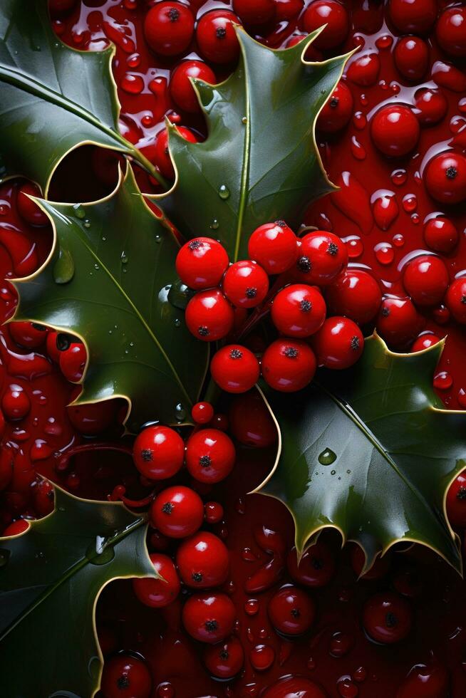 AI generated red background with holly leaves and berries photo