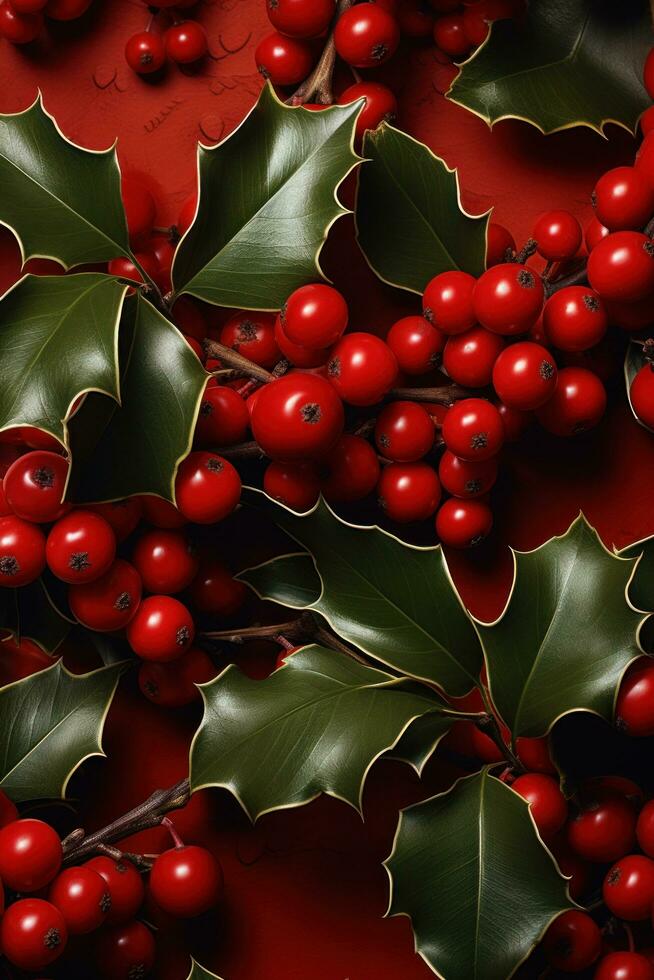 AI generated red background with holly leaves and berries photo