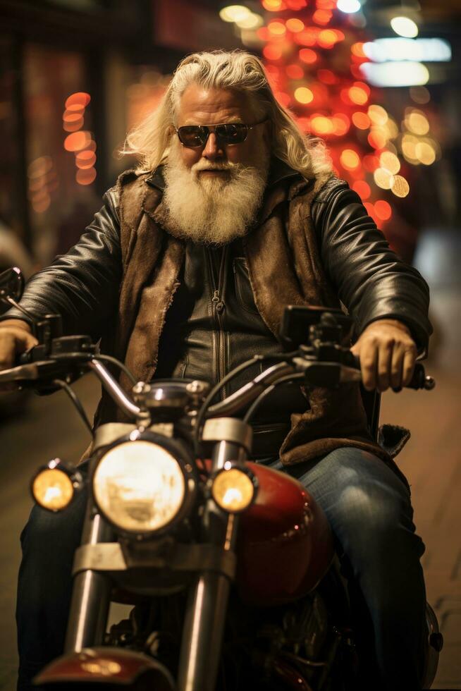 AI generated santa on motorbike with big bad. photo