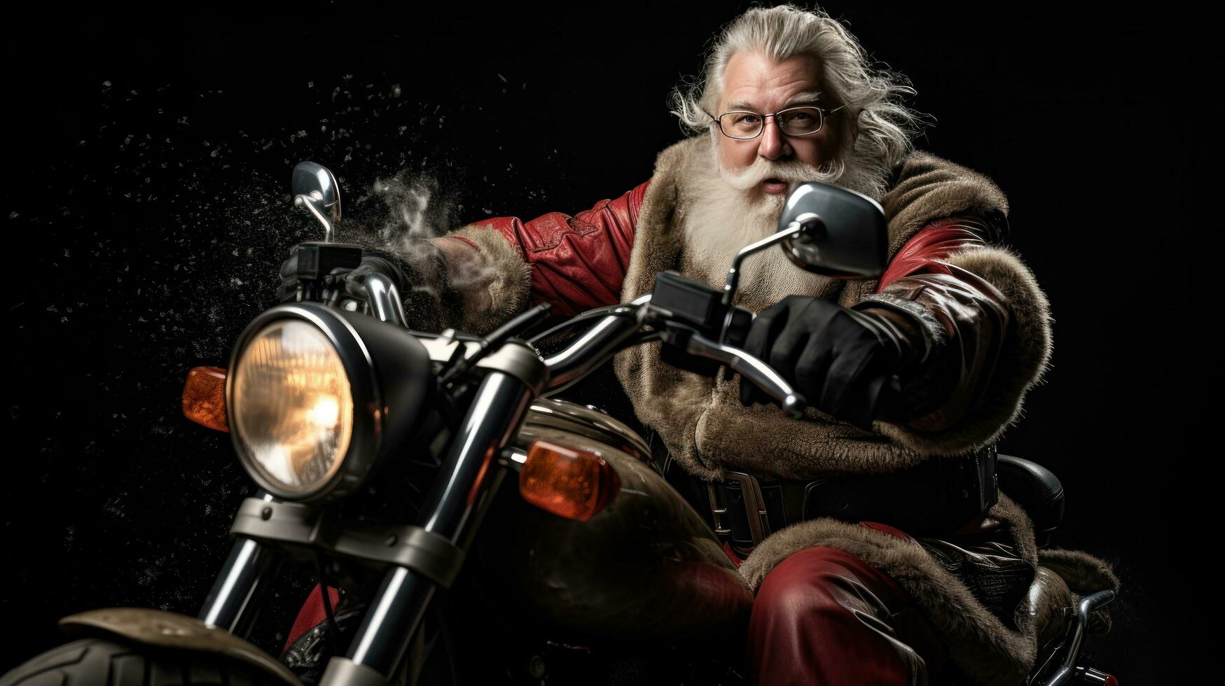 AI generated santa on motorbike with big bad. photo